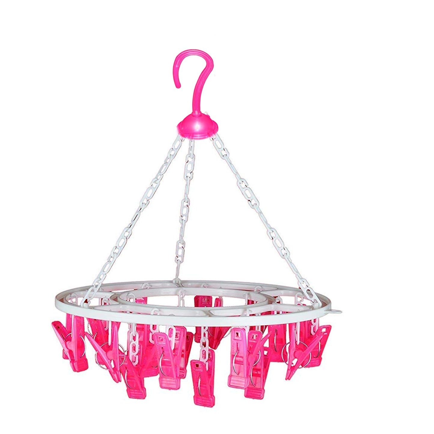 Sturdy multicolour round drying hanger with 24 clips, hanging various small items.