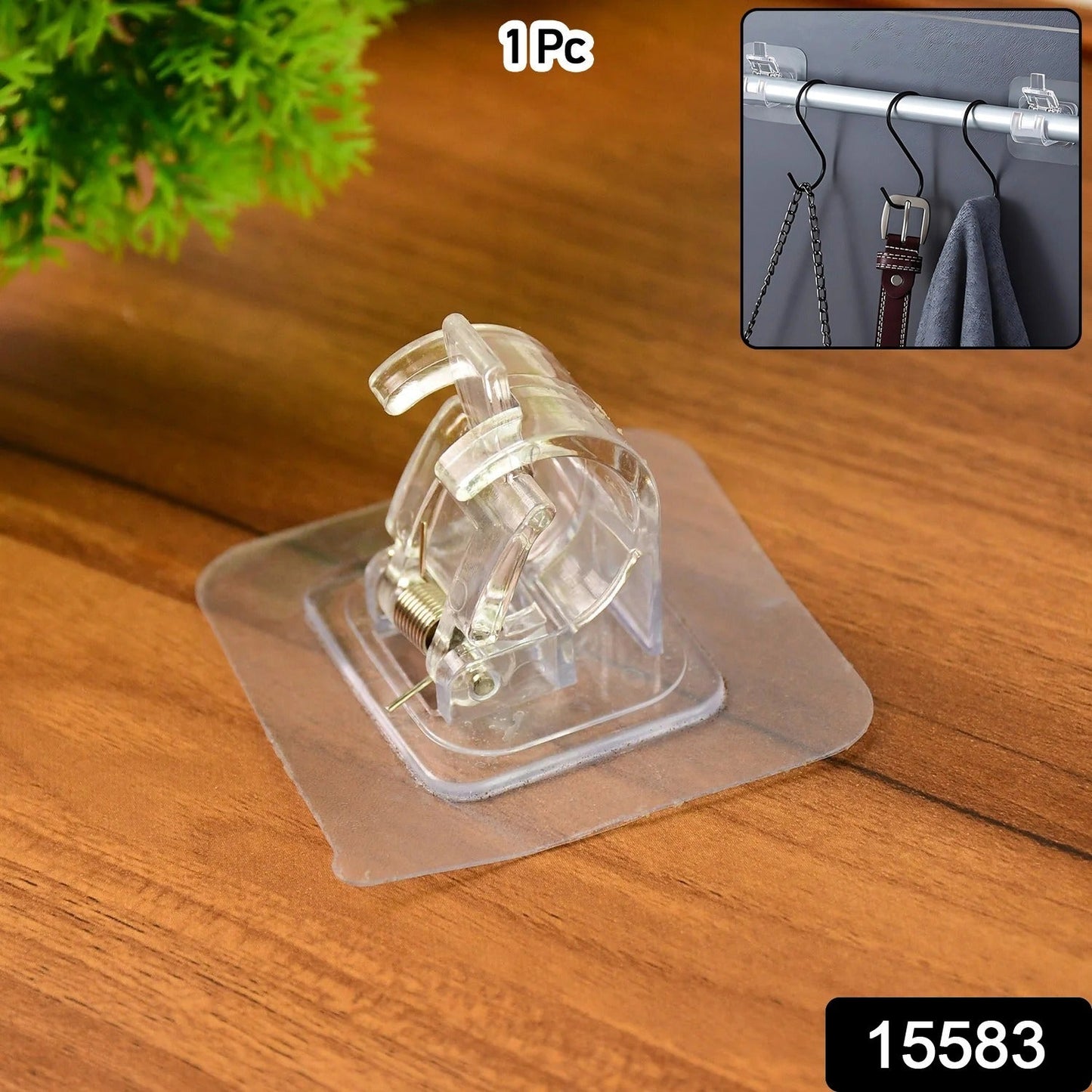 Clear plastic hook suitable for hanging towels, keys, or light bags in home spaces