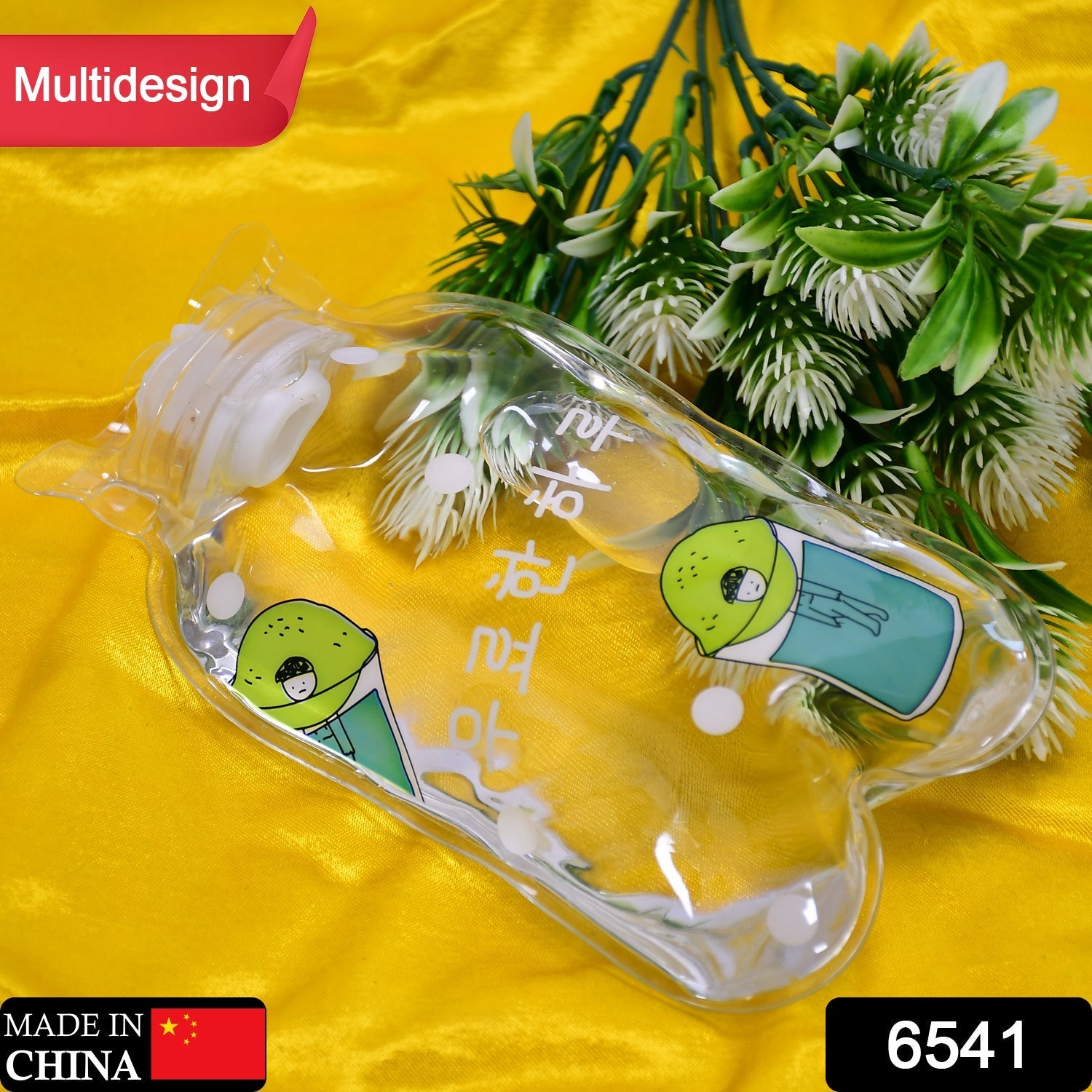 Transparent hot water bag with a vibrant multi-design pattern.