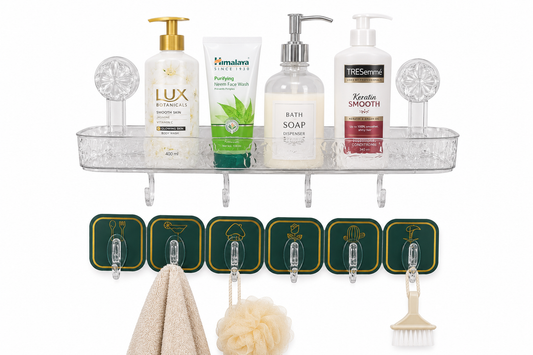 Bathroom suction shelf with adhesive hook combo