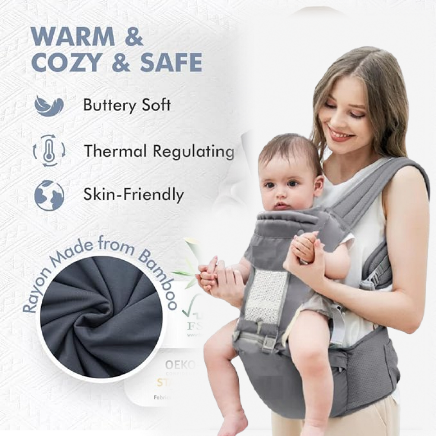 Parent comfortably carrying baby in a multi-position ergonomic carrier, side view.