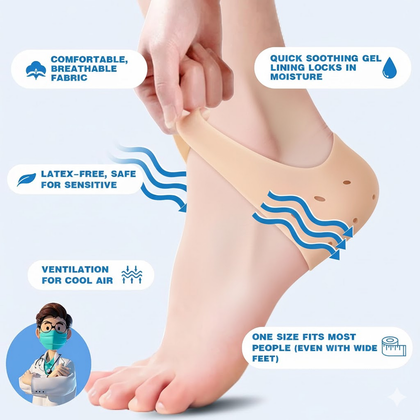 Close-up of the ergonomic design details of the silicone heel sock.