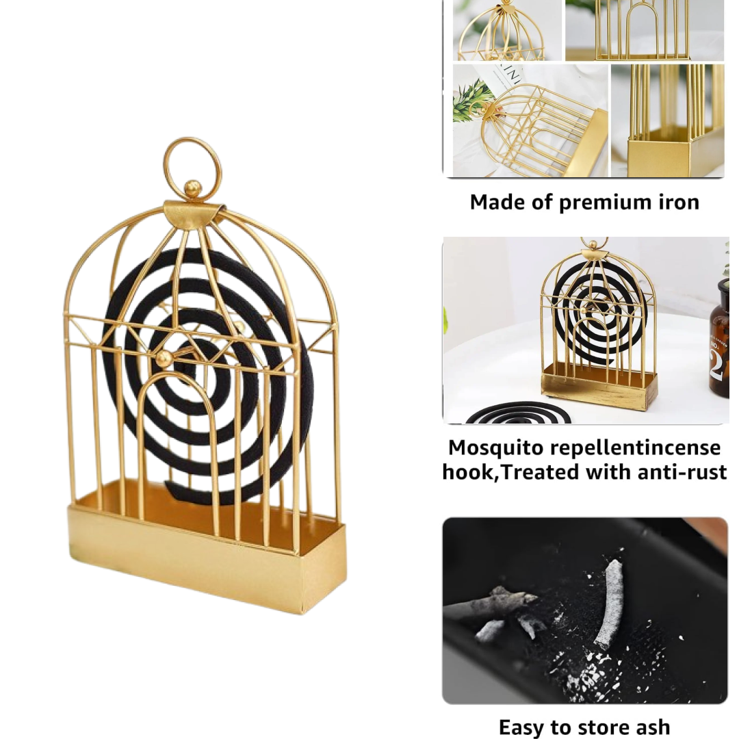 A gold metal birdcage-style holder with a black mosquito coil is shown alongside three inset images of its features.