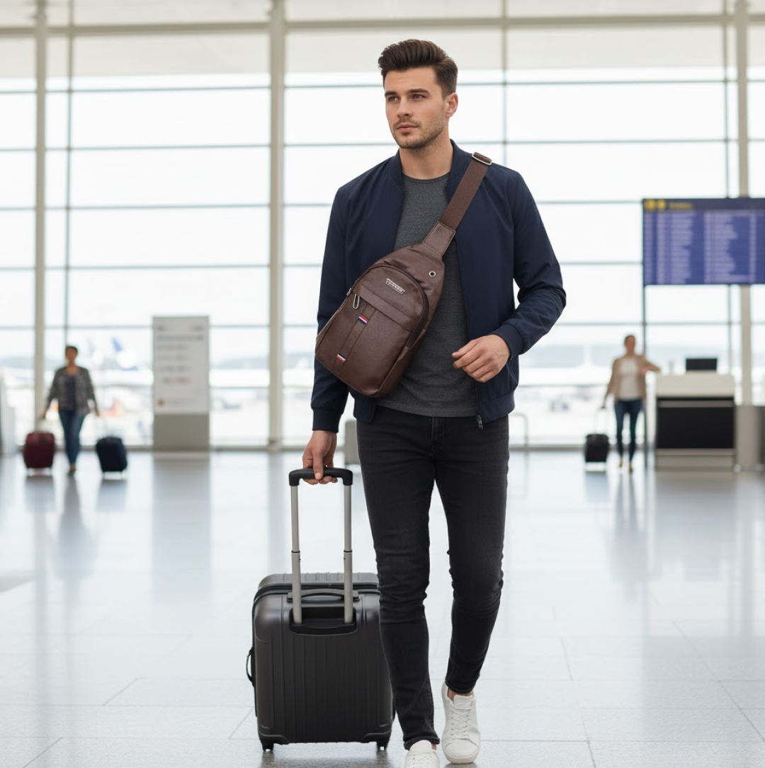 A man walking through an airport with a brown leather sling bag across his chest and pulling a black suitcase.