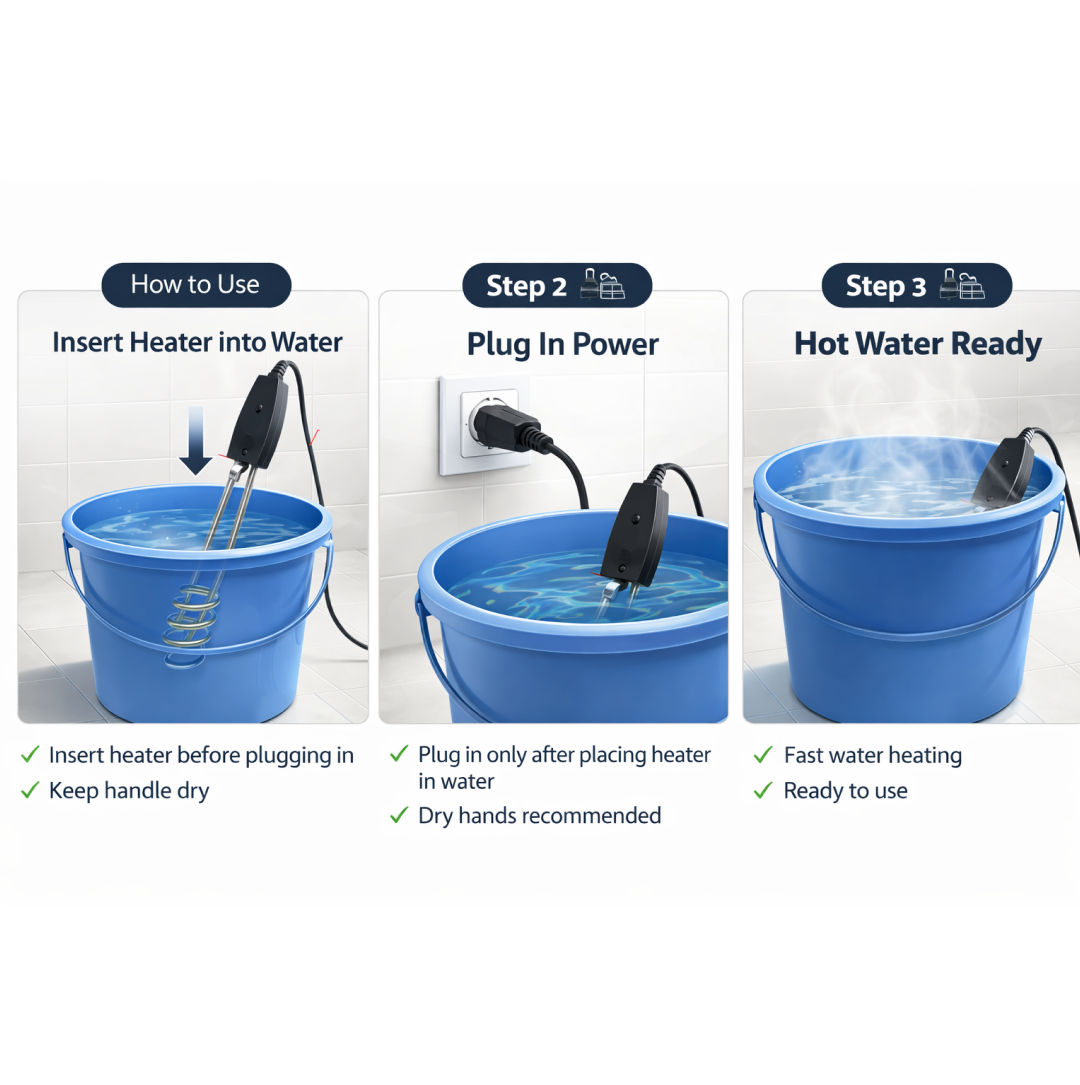 Immersion water heater displaying its 1000W power consumption details.