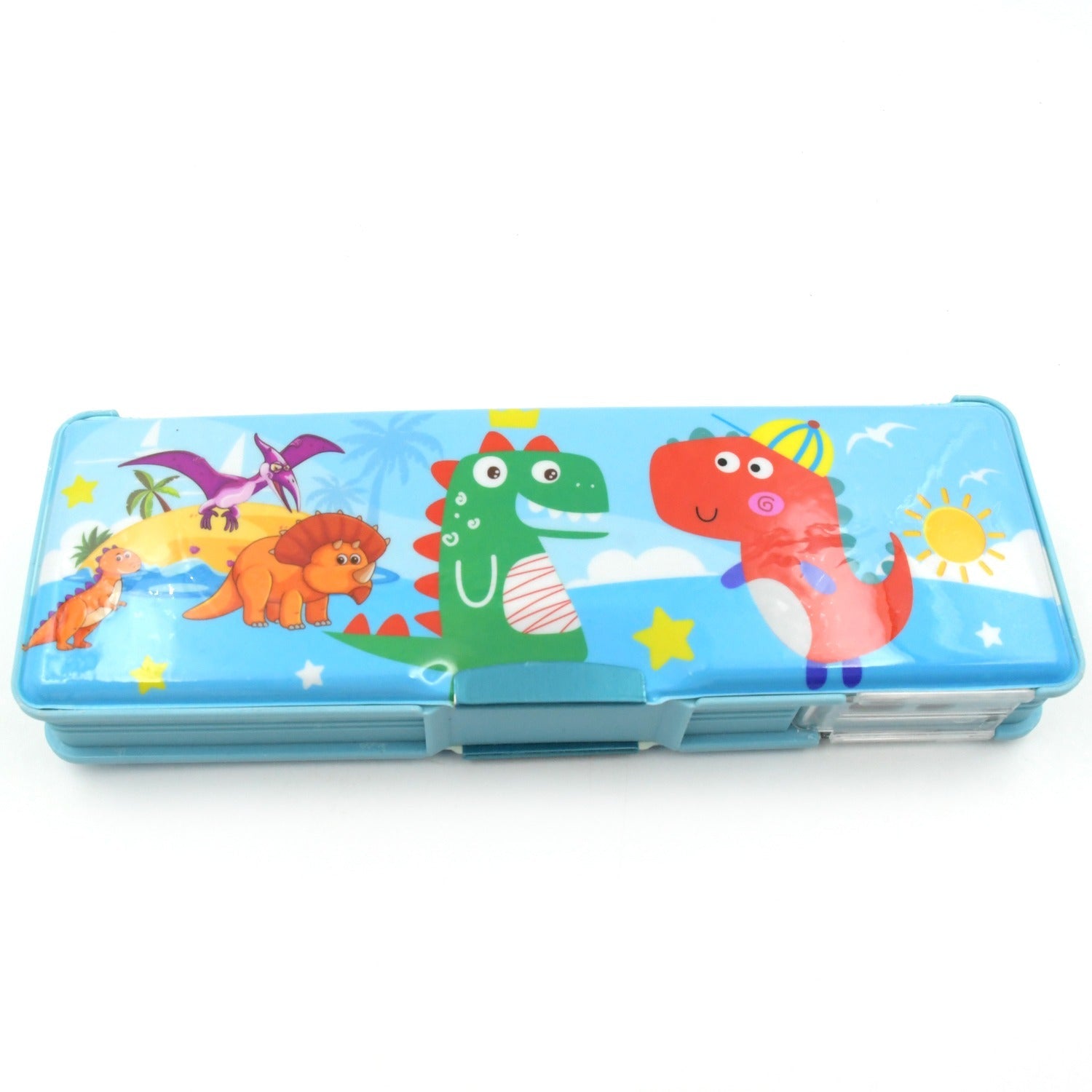 Close-up of a plastic compass box featuring a vivid animated design, perfect for school.