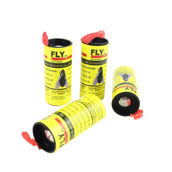 Four yellow Fly Catcher tubes with red caps are shown, two standing upright and two lying down.