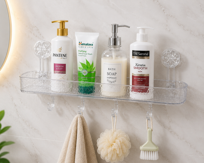 Wall mounted bathroom organizer shelf with 4 hooks and products