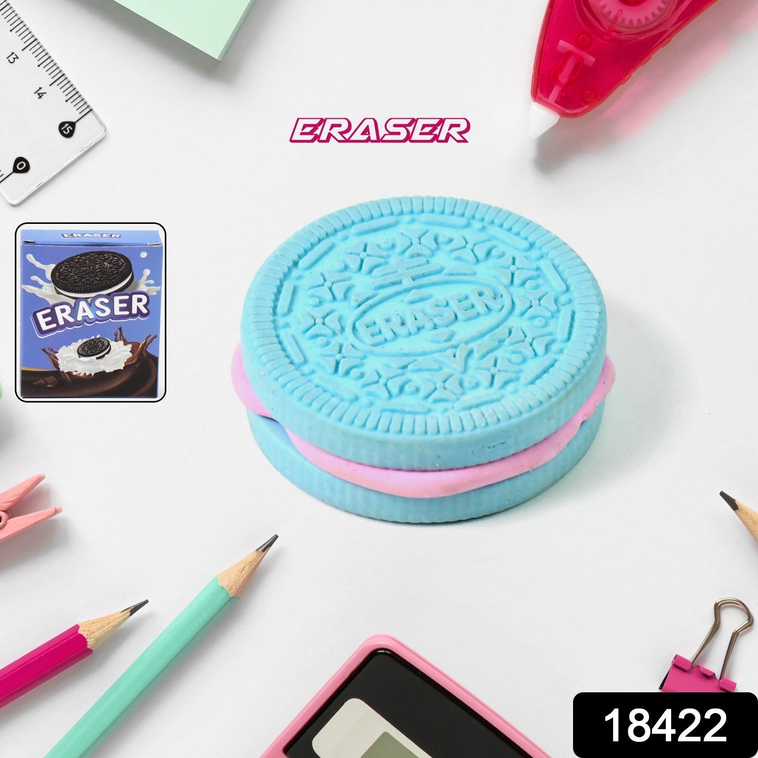 Close-up of a detailed chocolate-flavored biscuit eraser, showing its realistic texture.