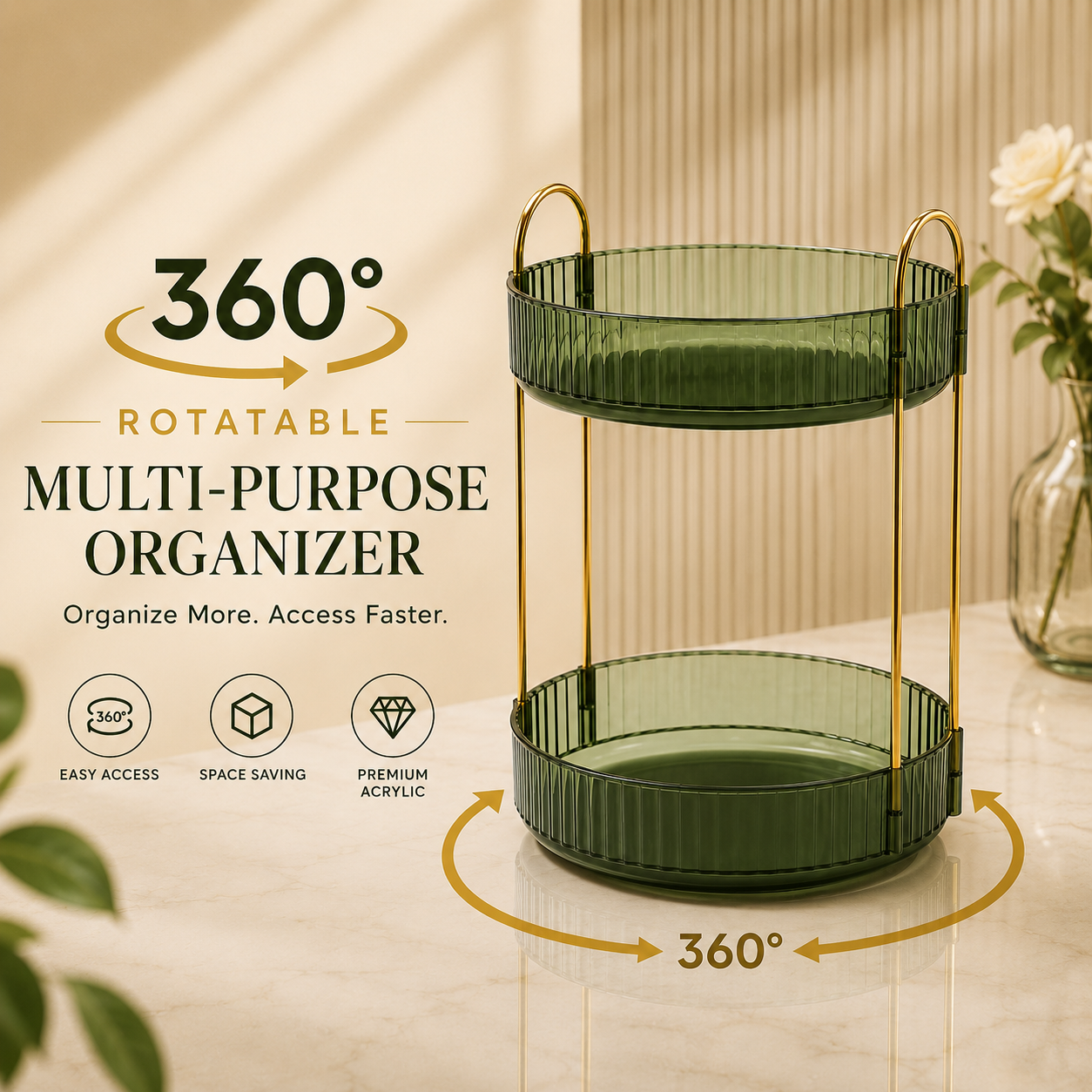 Premium 360 degree rotating 2 tier acrylic organizer for makeup skincare perfumes and fruit storage