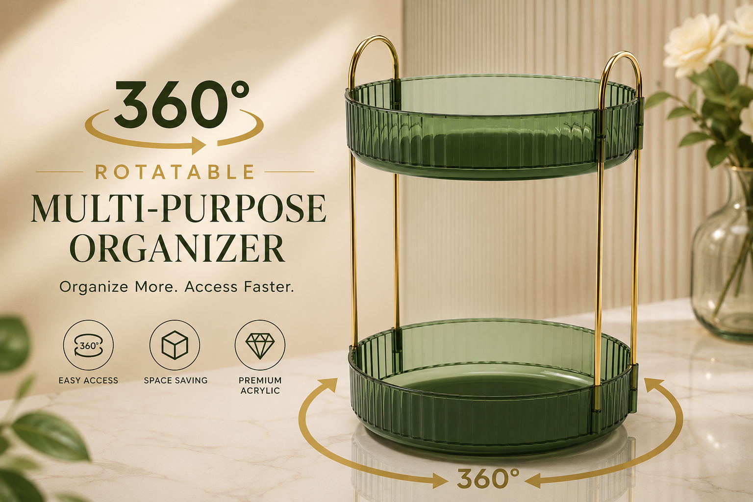 Premium 360 degree rotating 2 tier acrylic organizer for makeup skincare perfumes and fruit storage