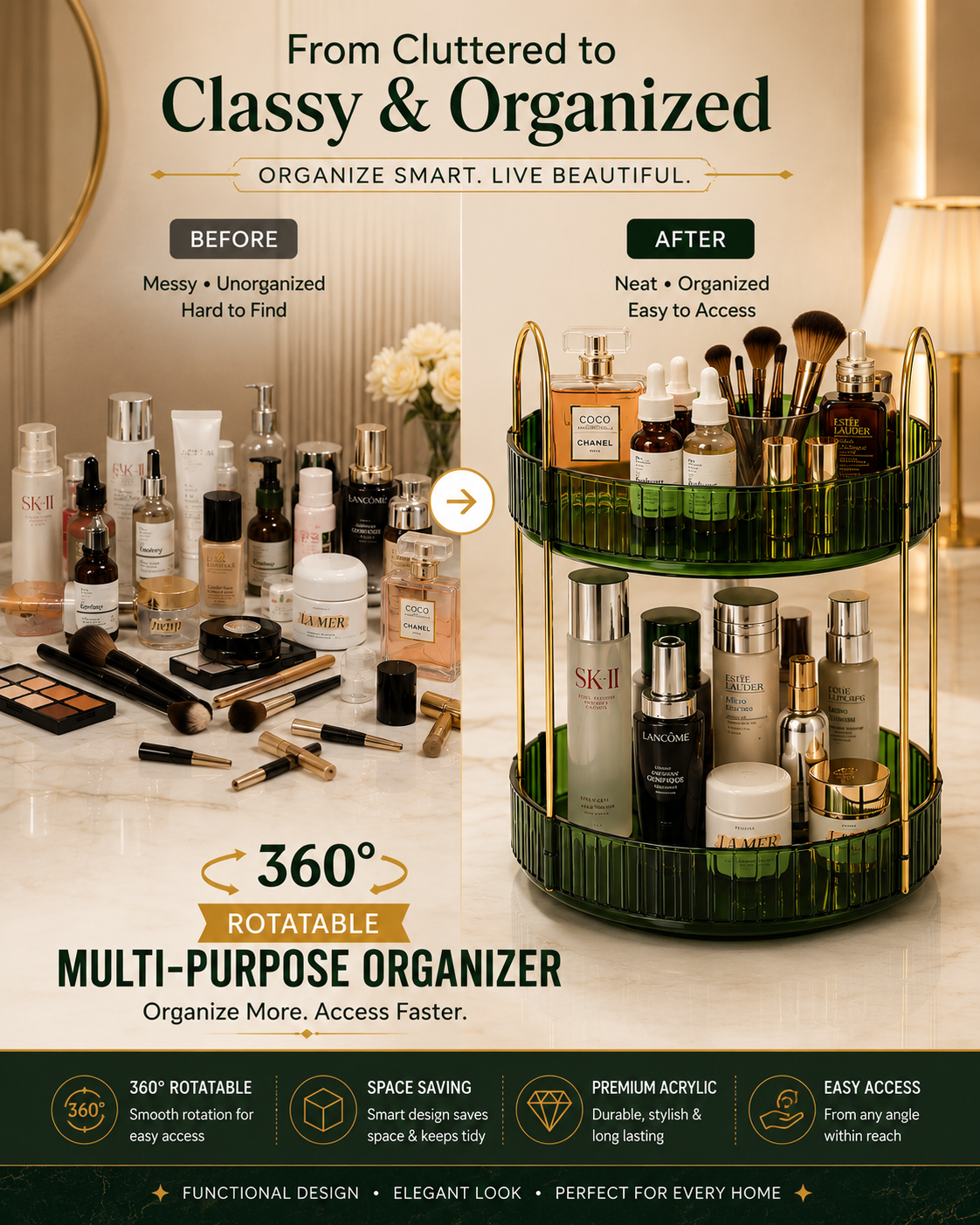 Before and after organization using 360 rotating acrylic organizer for makeup and skincare storage