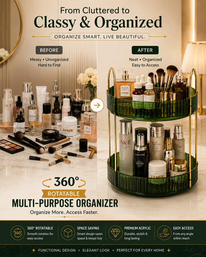 Before and after organization using 360 rotating acrylic organizer for makeup and skincare storage