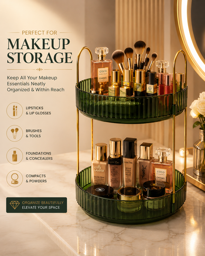 360 rotating makeup organizer storing lipsticks brushes foundations and beauty essentials