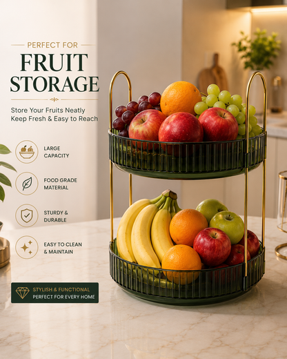Premium rotating fruit organizer with apples oranges grapes and bananas neatly arranged
