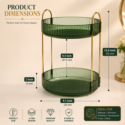 Dimensions of 360 rotating 2 tier acrylic organizer showing height width and storage capacity