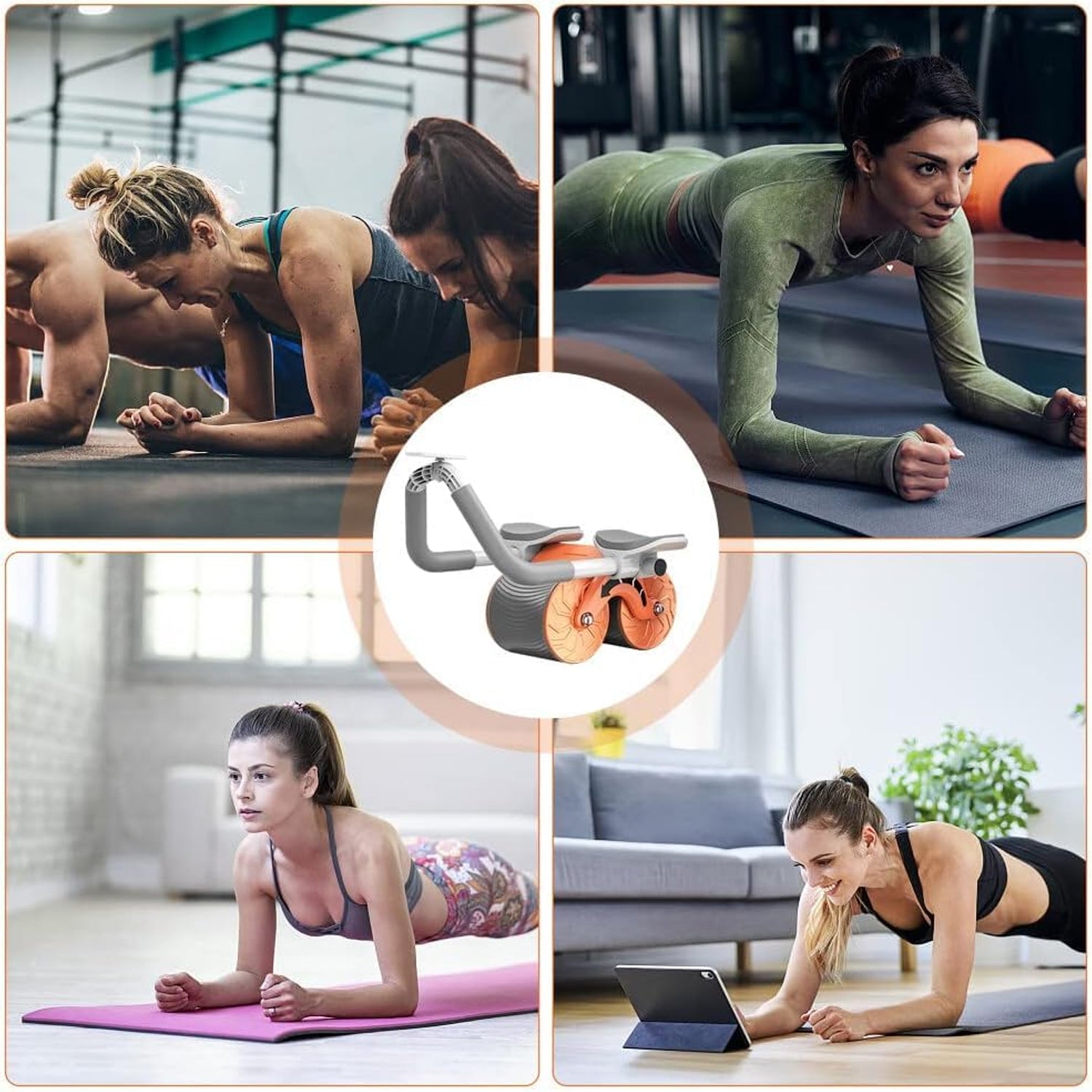 The fitness ab roller with its detachable handles and knee mat holder.