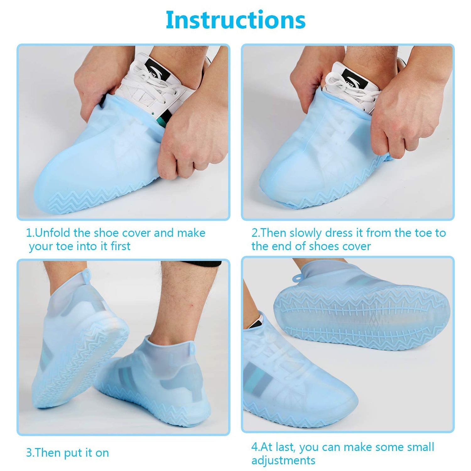 Four images demonstrating how to put on the blue silicone shoe covers, showing a person's feet and hands.
