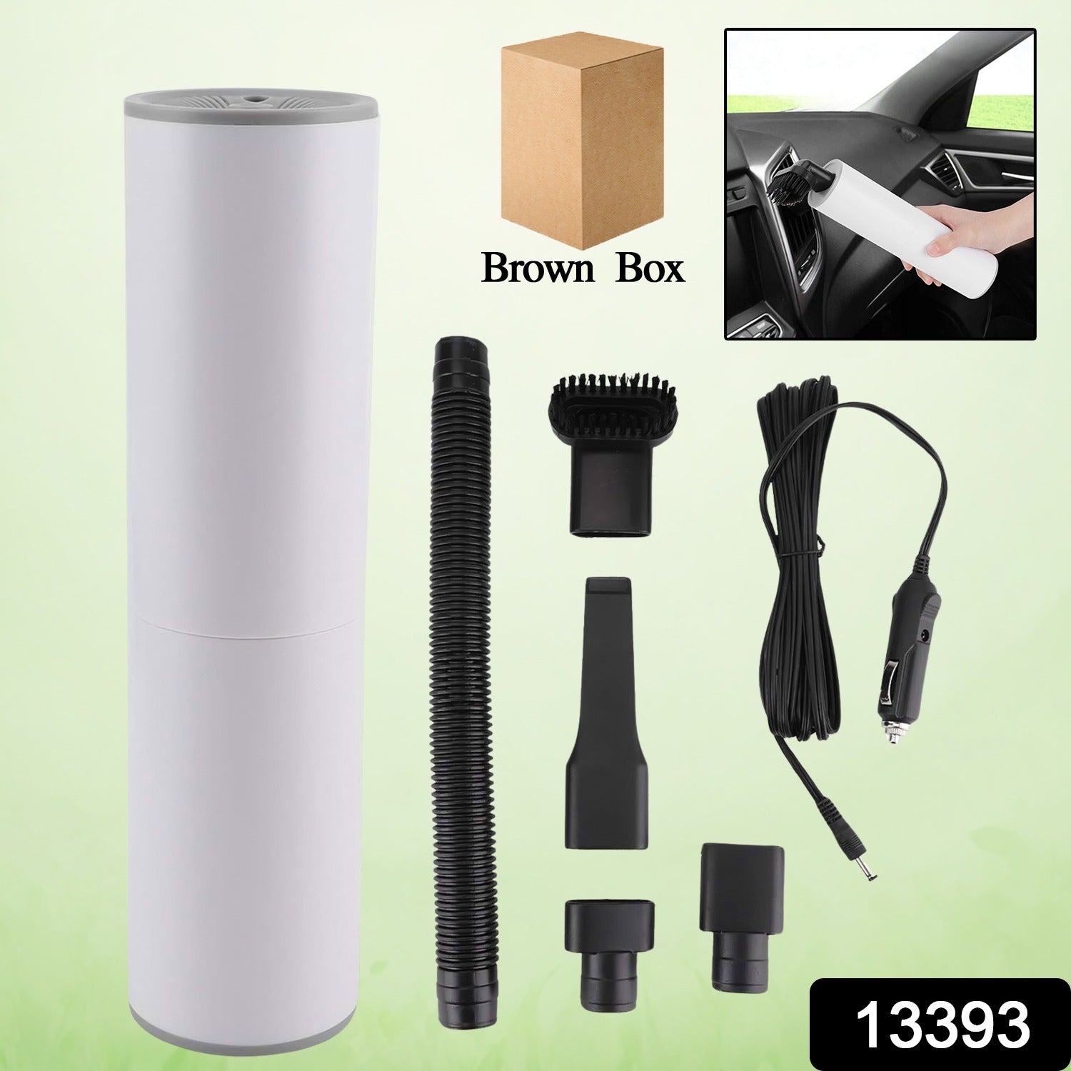 Handheld mini car vacuum cleaner with various cleaning attachments.