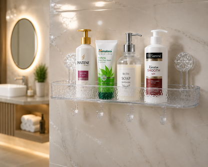 Wall mounted bathroom organizer shelf with hooks
