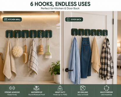 6 row adhesive hook rack for bathroom accessories