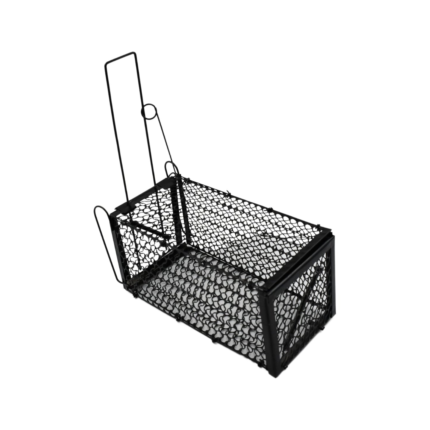 Folded humane rodent trap, highlighting its space-saving storage.