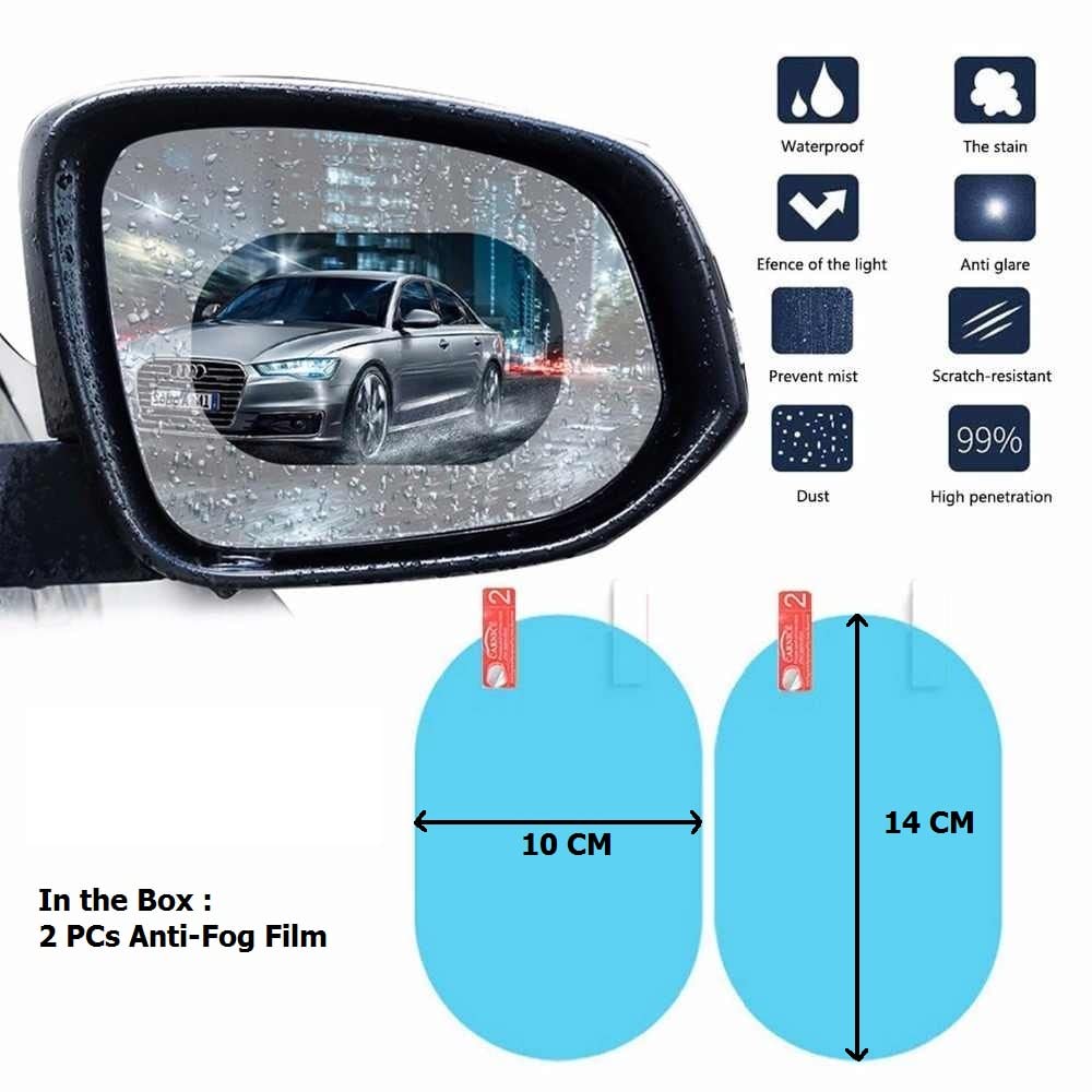 Close-up of the transparent anti fog film on a car mirror, blending seamlessly with the surface.