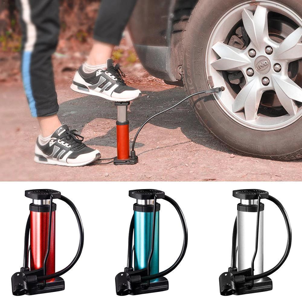 Compact portable foot pump with flexible hose for easy bicycle and car tire inflation.