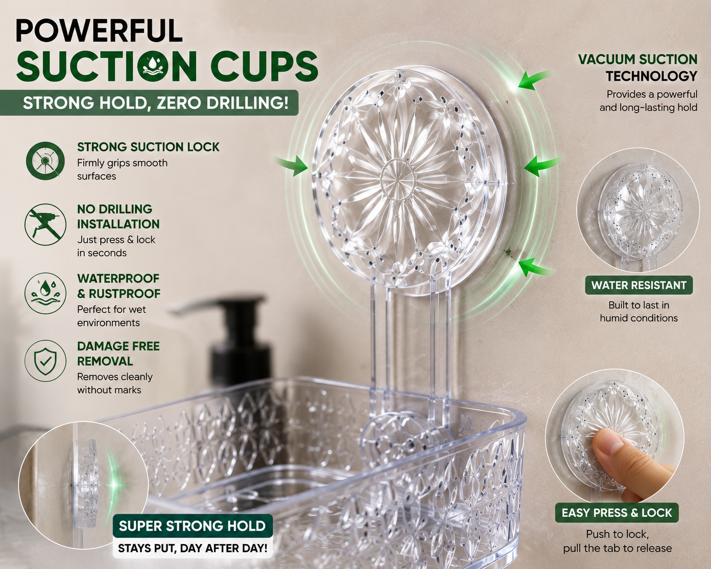 Strong suction adhesive bathroom shelf mounting system