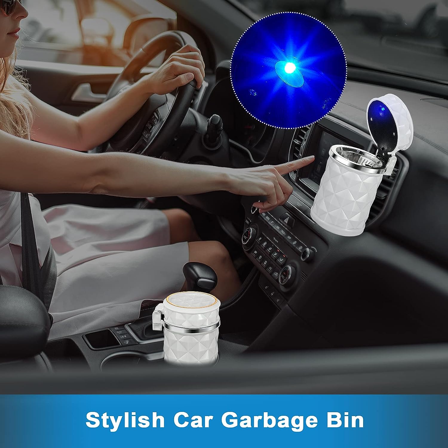 Blue LED car ashtray with a removable lid, ideal for managing cigarette waste.