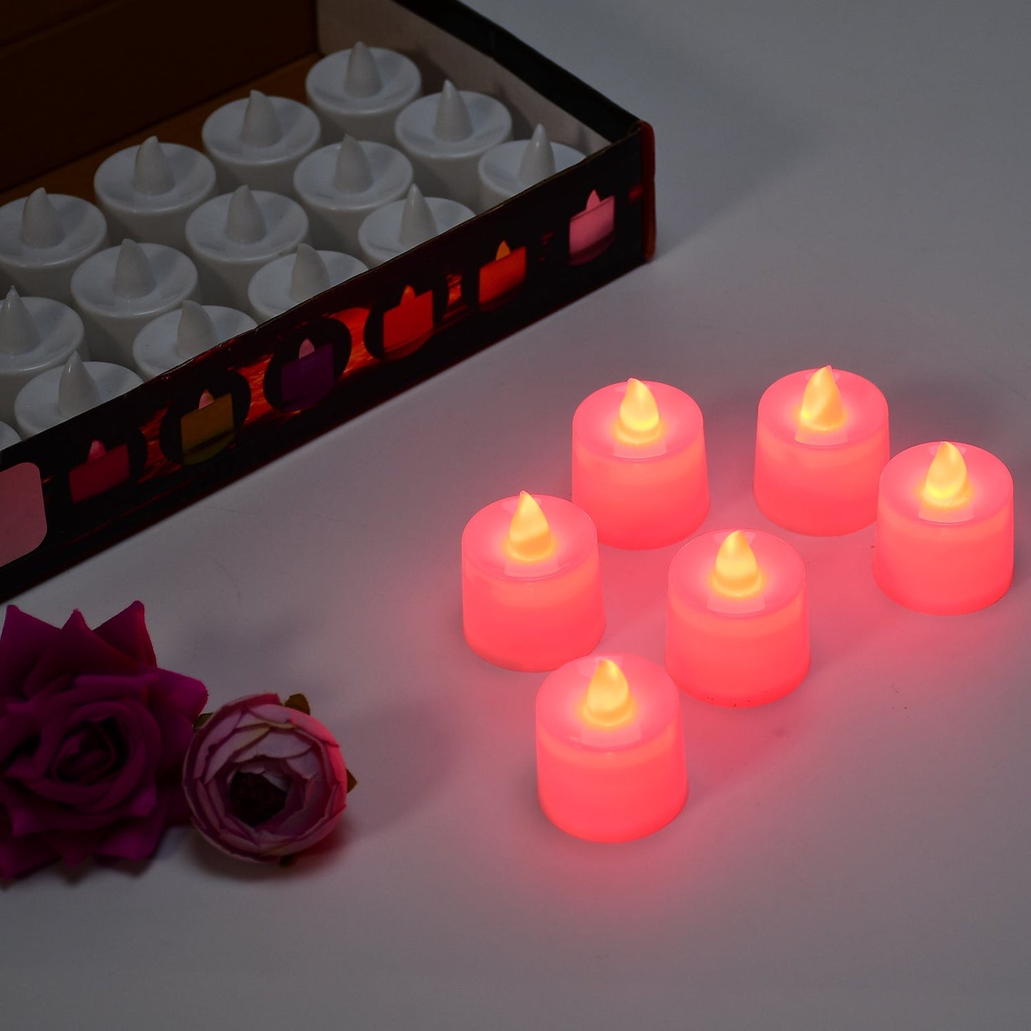 Full pack of 24 red LED tealight candles, ready for any celebration.