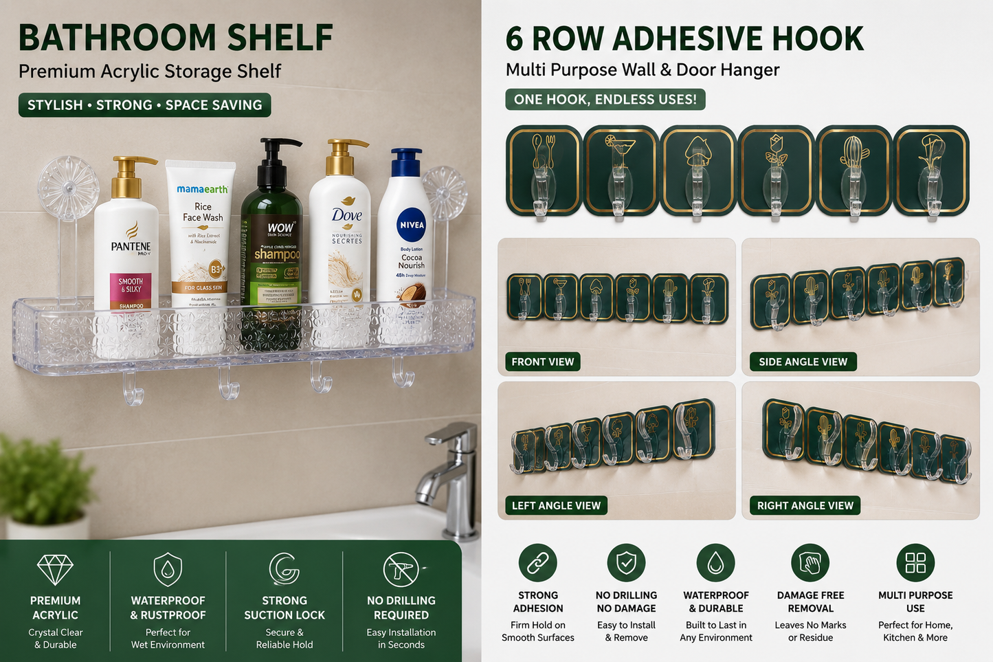 Bathroom suction shelf and 6 row adhesive hook
