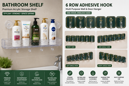 Bathroom suction shelf and 6 row adhesive hook