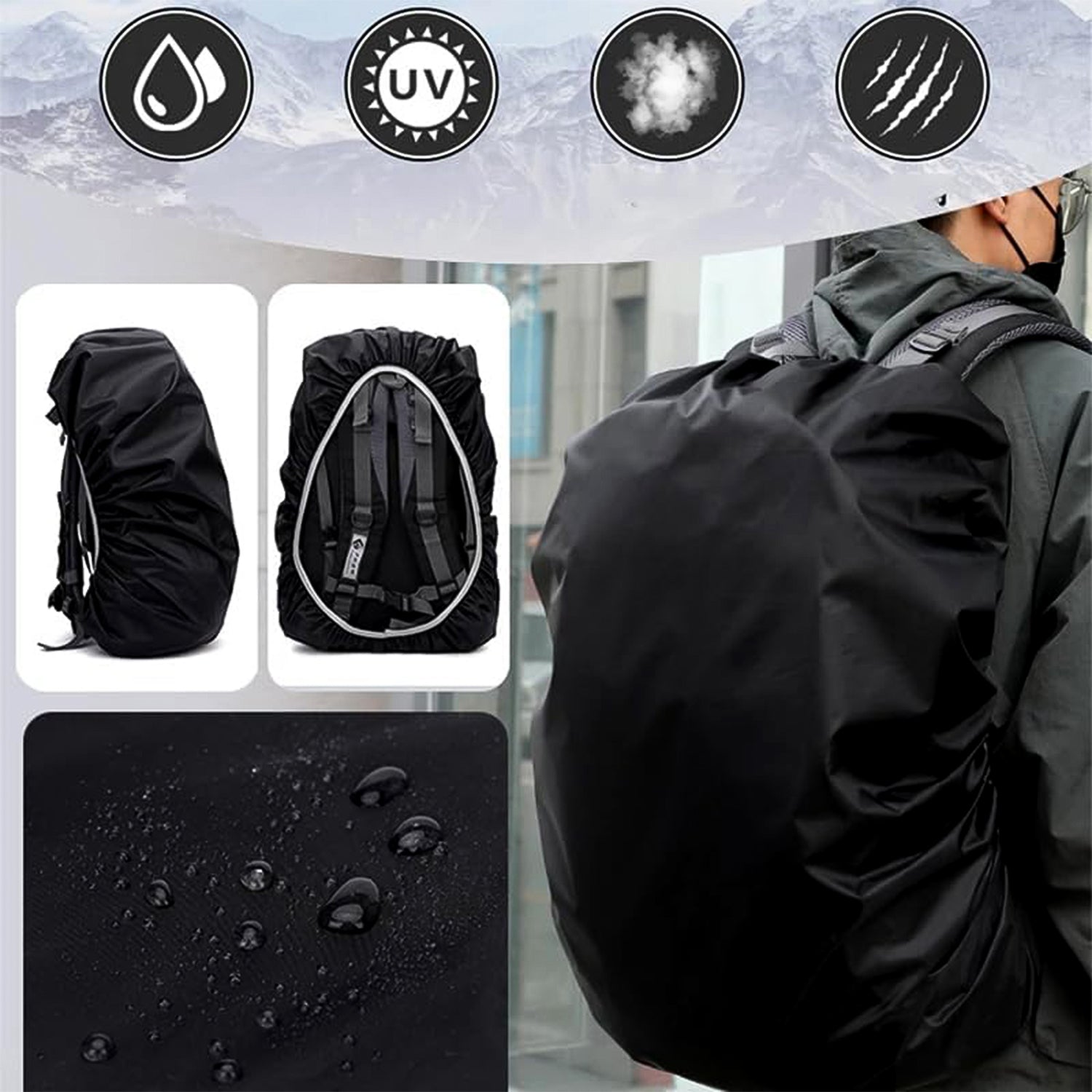 A person wears a black rain cover on a backpack, with insets showing the cover from the side, the back, and water droplets