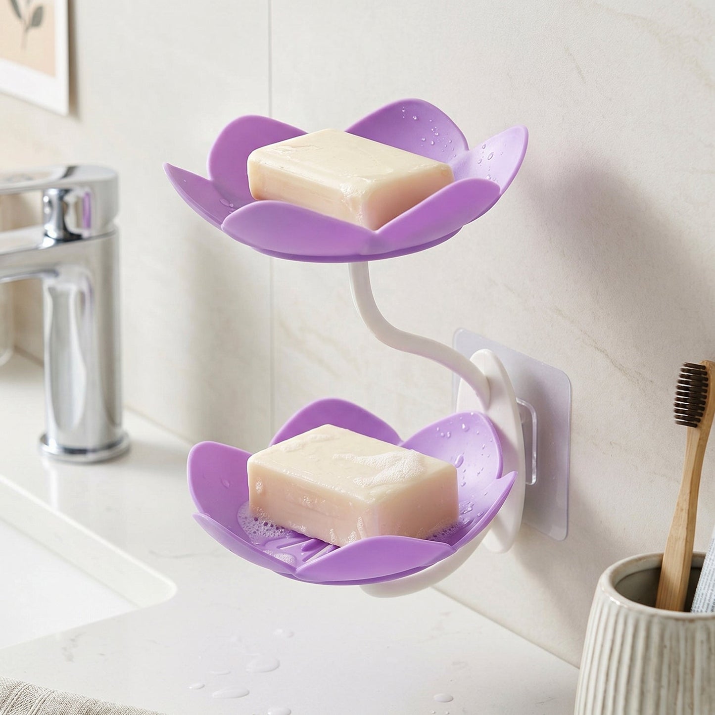 The flower shape double layer soap dish in use, neatly holding soap in a bathroom.