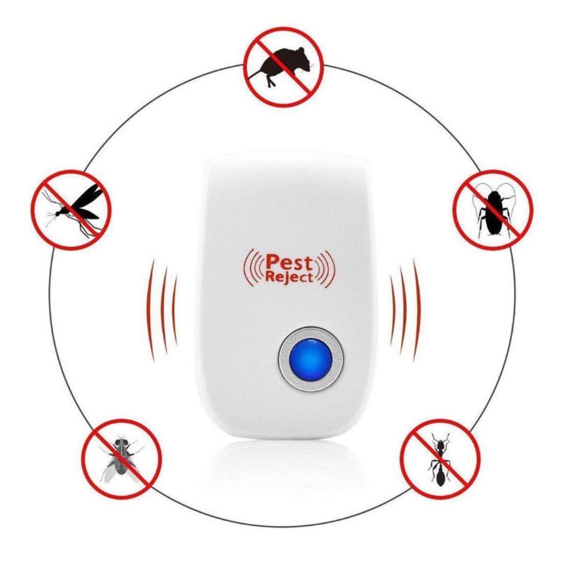 A white pest repeller with a glowing blue light is surrounded by a circular arrangement of crossed-out pest icons.