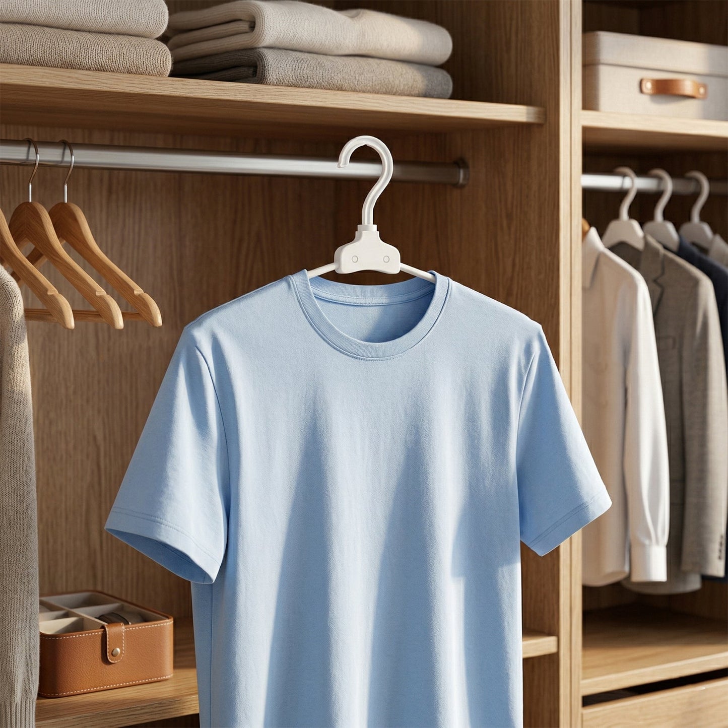 Hanging rack with foldable plastic hanger for compact closet space