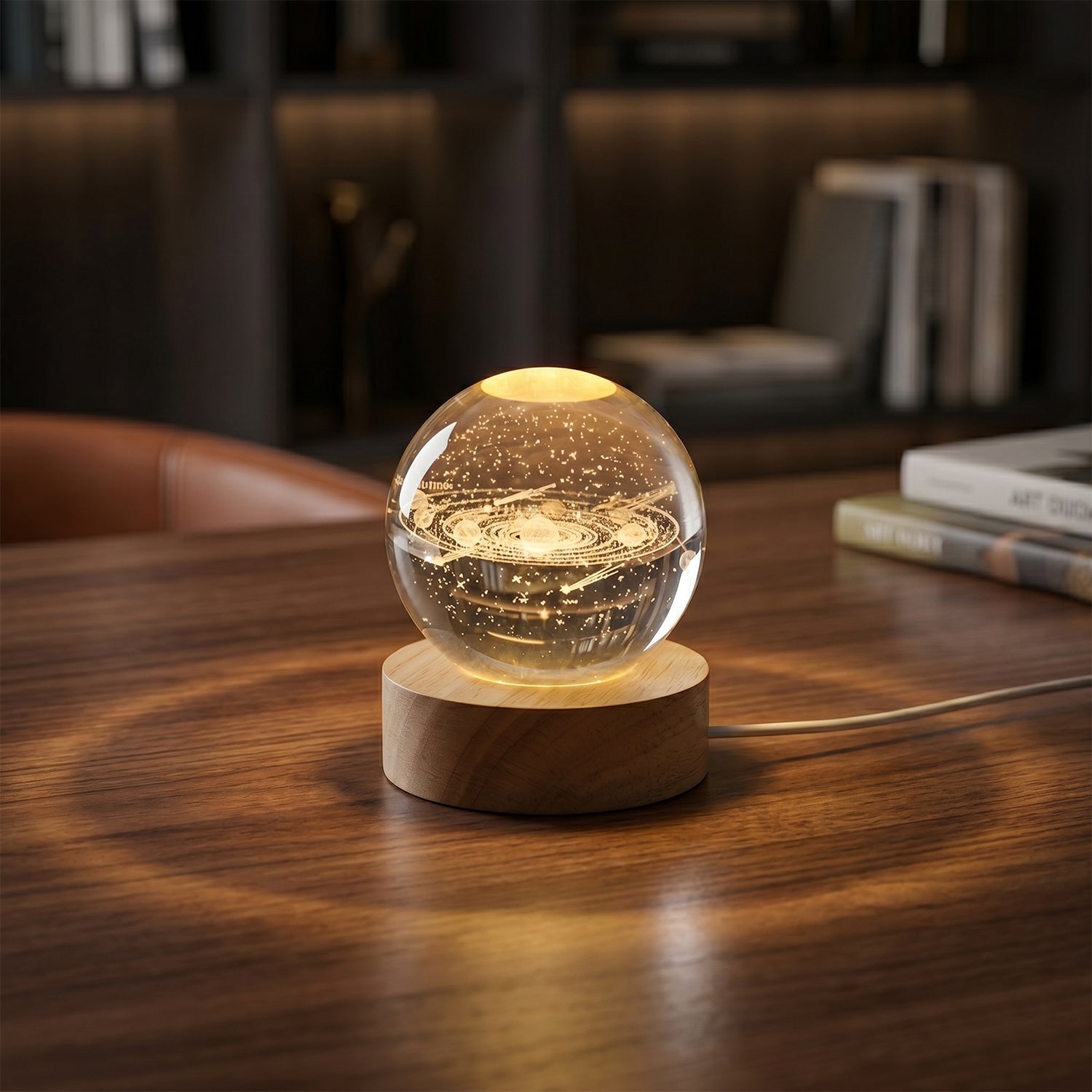 Astronomy Crystal Ball Lamp illuminating a dark bedroom with a serene glow.