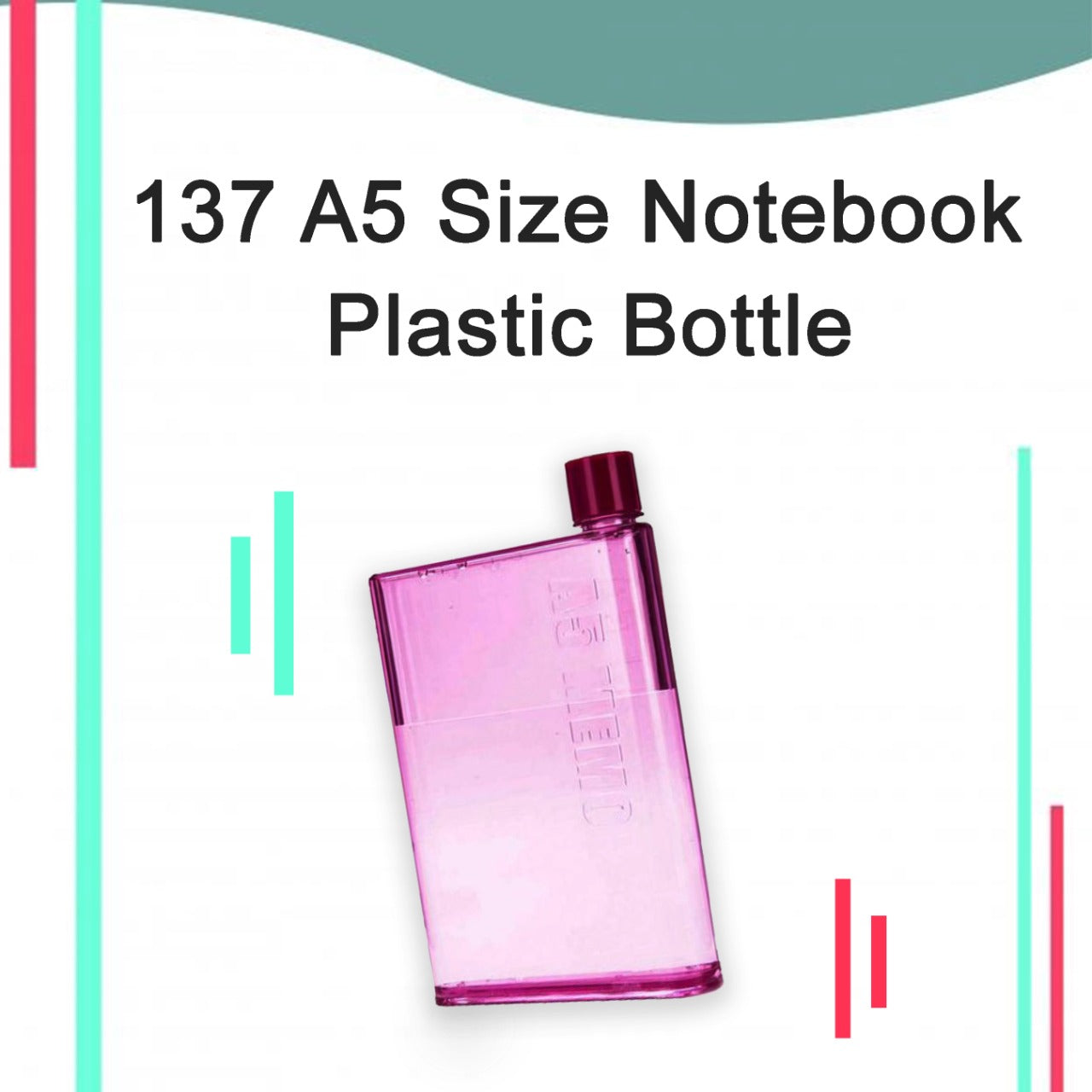 A slim plastic water bottle fitting perfectly into a bag, demonstrating its notebook-like portability.