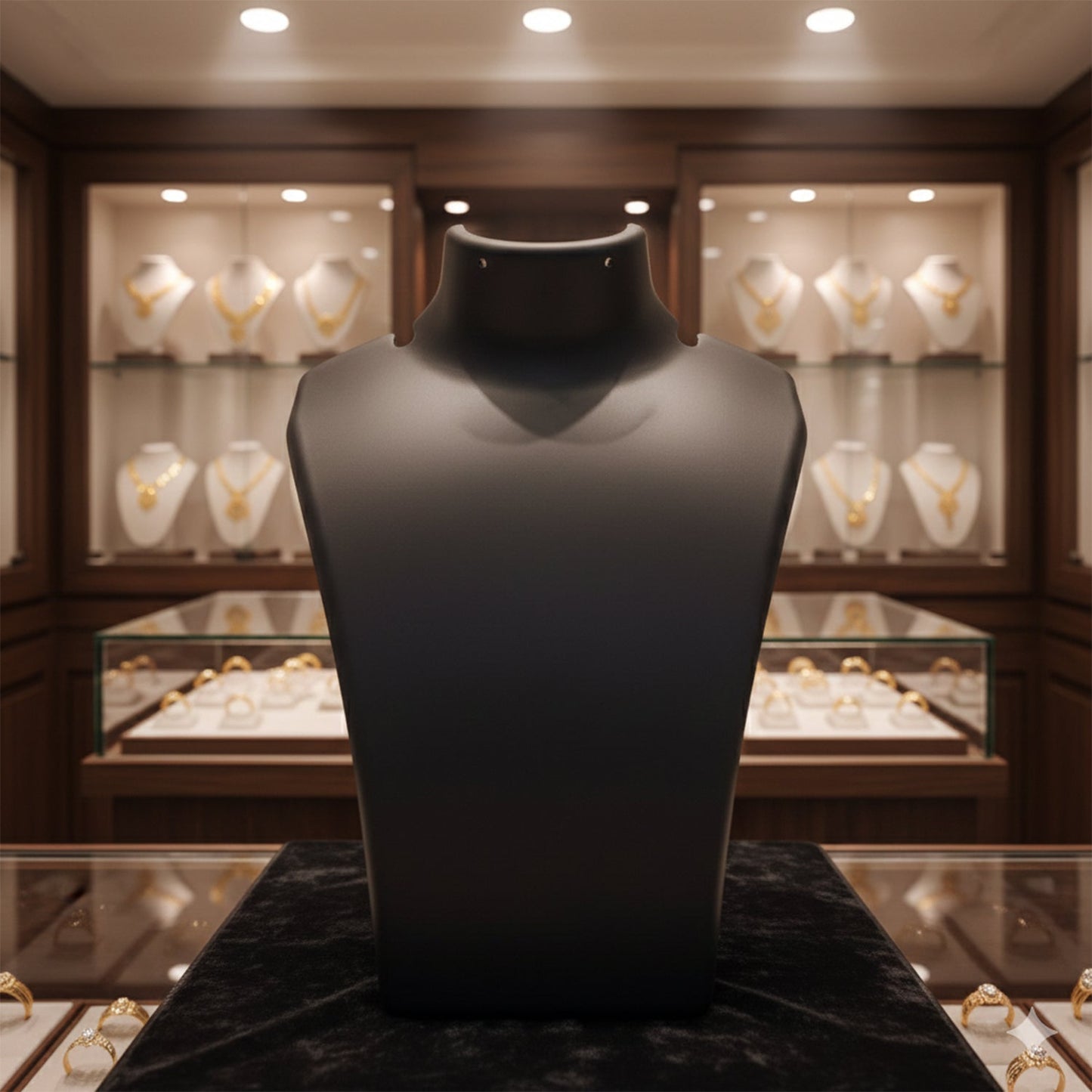 Front view of black mannequin bust necklace display stand highlighting necklaces in India