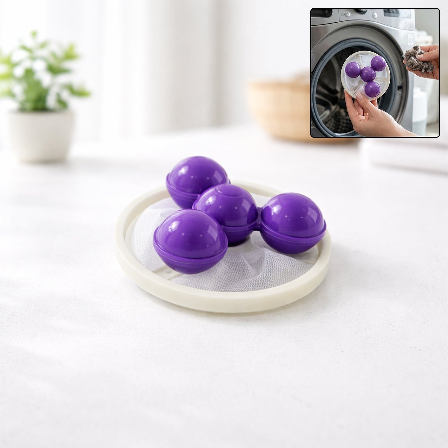 Floating laundry lint remover ball with mesh filter in use