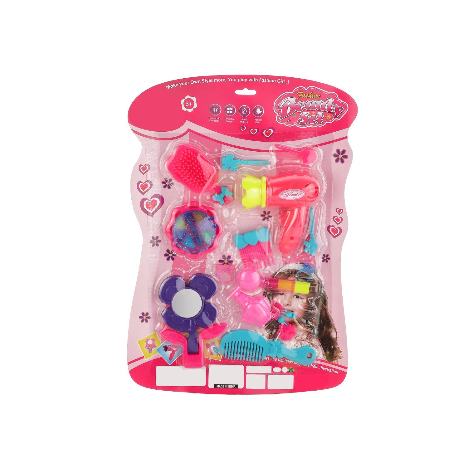 Open girls' pretend play beauty suitcase revealing all makeup vanity items.