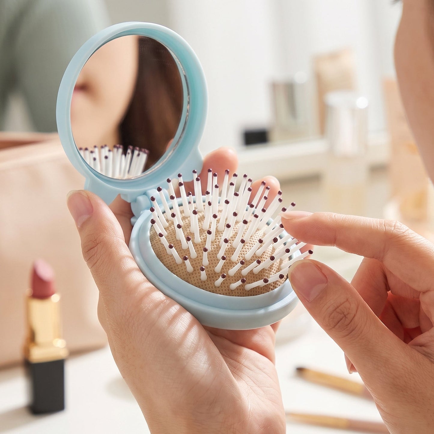 Portable folding hairbrush with mirror for purse and pocket