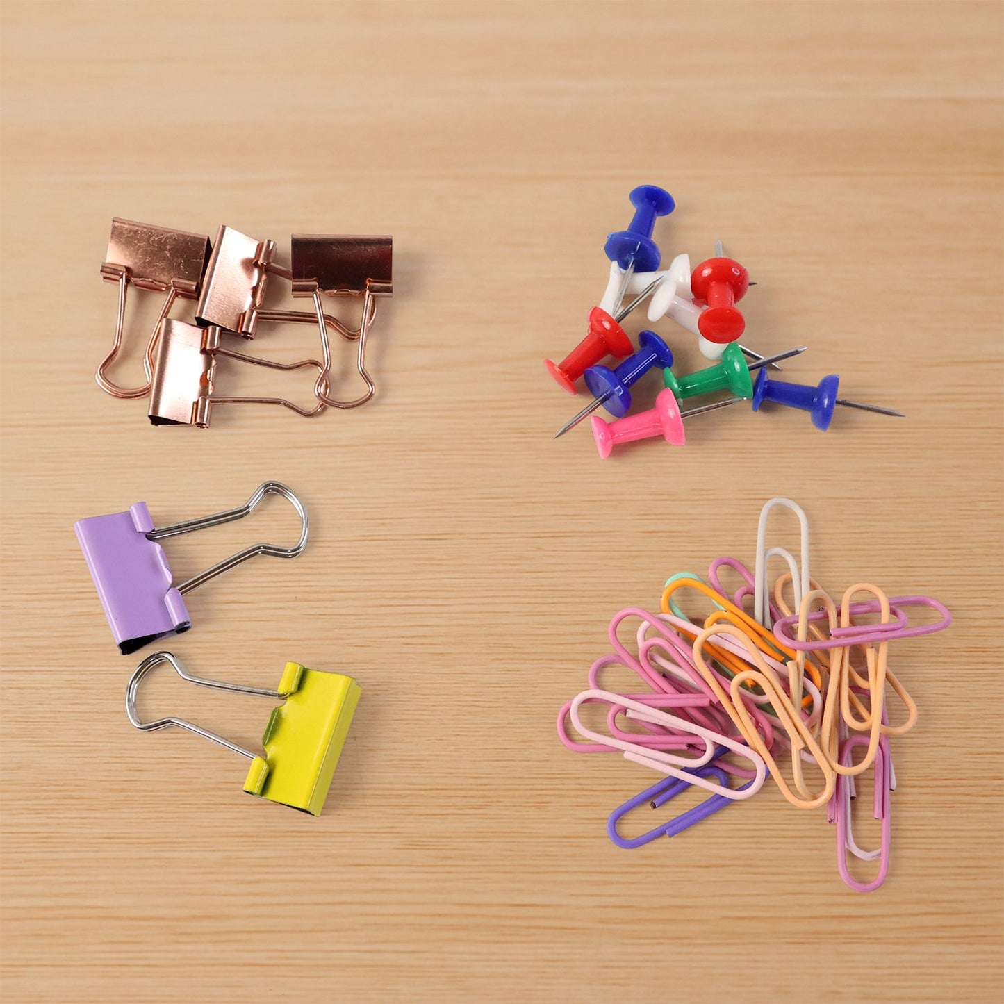 Bright, colourful stationery clips and pins from office set