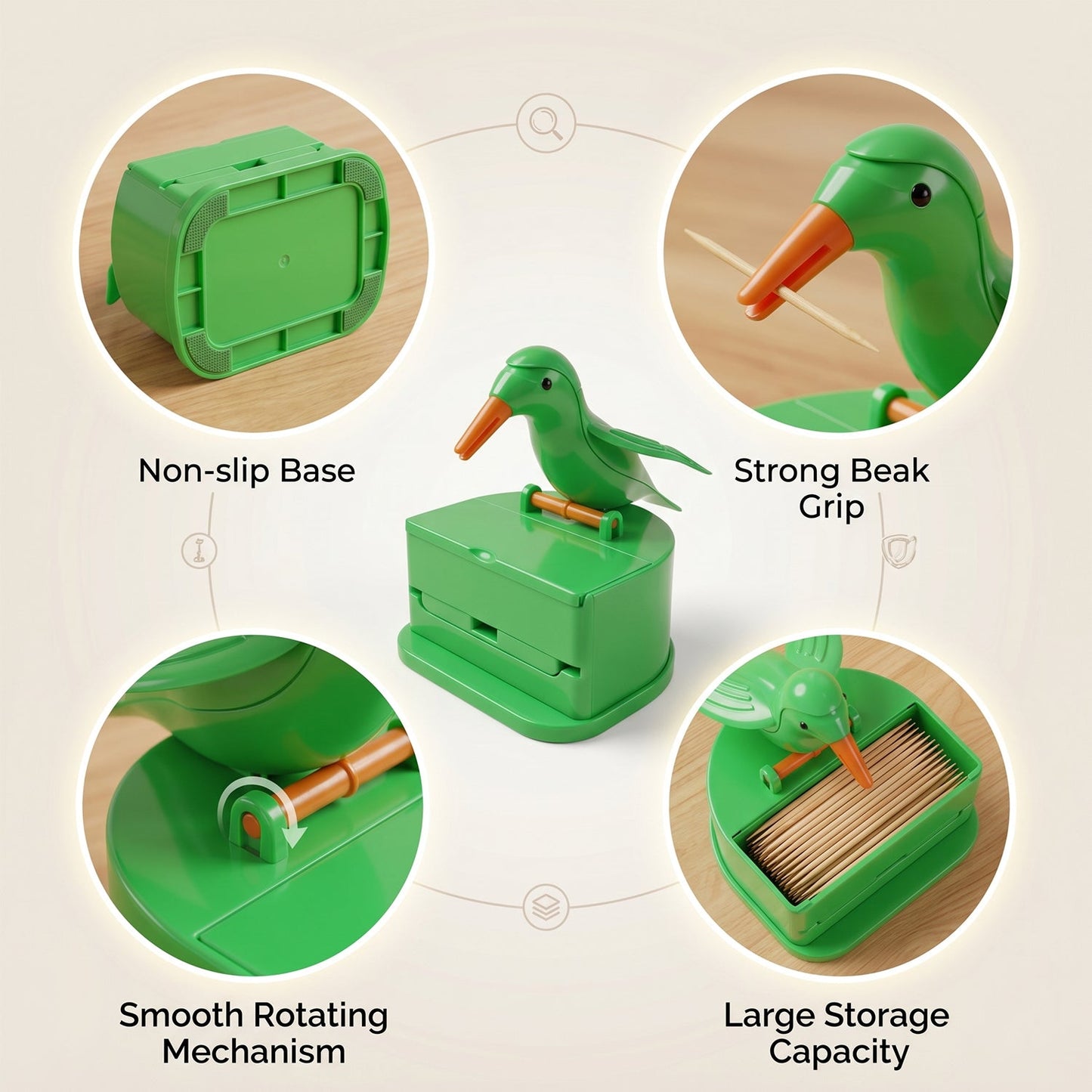 Stylish plastic bird toothpick holder in a kitchen setting