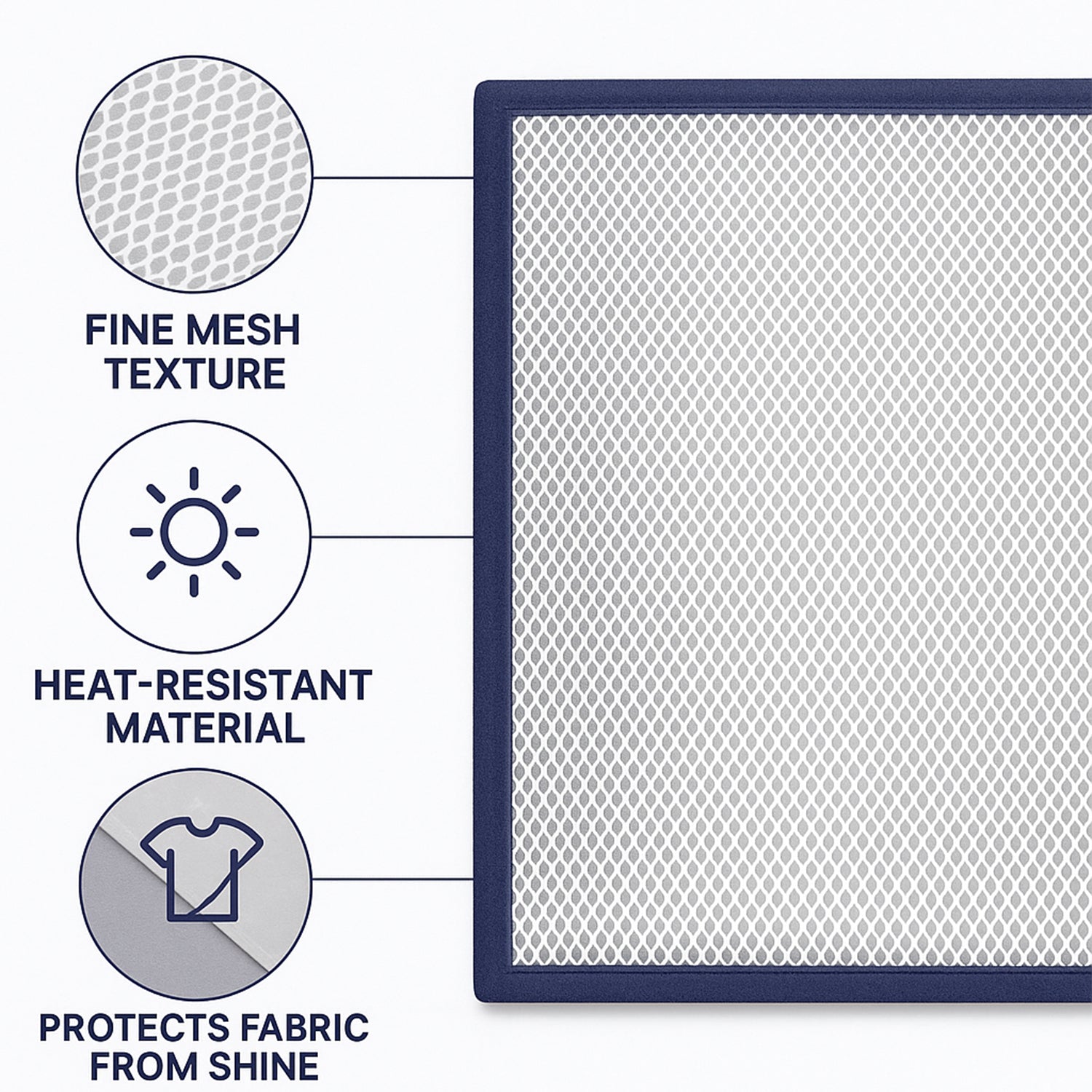 Ironing mesh press cloth protecting dark shirt fabric from iron shine