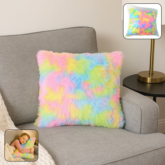 Soft plush rainbow cushion pillow with vibrant multicolor pattern