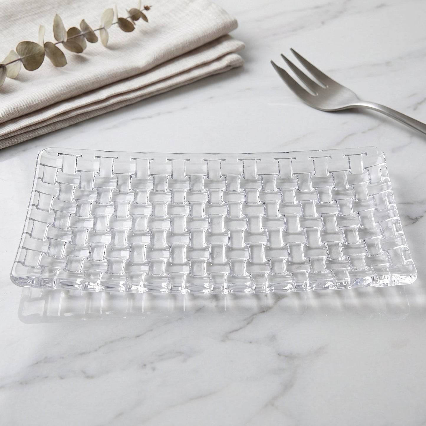 Crystal clear glass serving tray with basketweave design