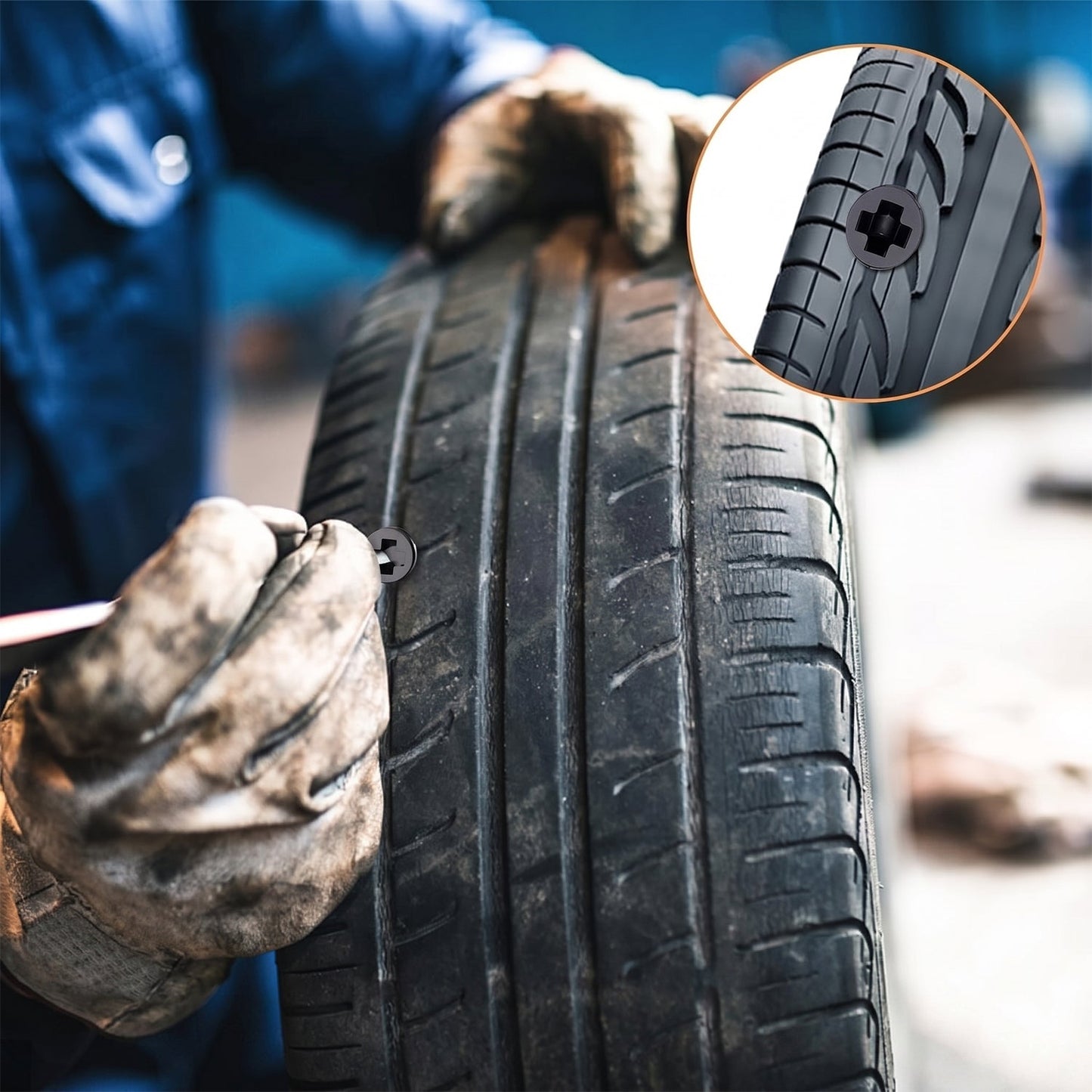 Rubber tubeless tire repair nail plug close-up for puncture sealing