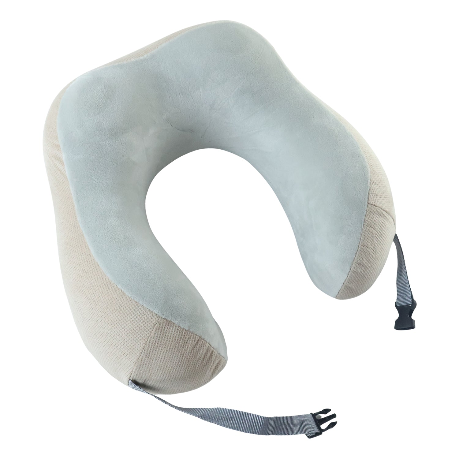 Comfortable beige neck pillow with adjustable buckle strap